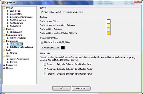 Optionen - Detailanzeige - Befehlseditor